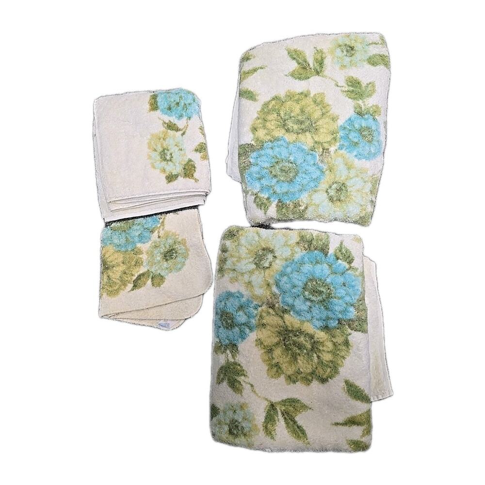 Lot‎ of 4 Vtg MCM Springmaid Green Blue Floral 100% Cotton Bath and Hand Towels
